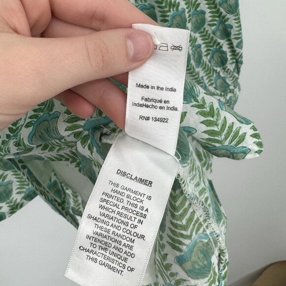 Emerson Fry India Collection Green Floral Peasant Top size L Button Front Cotton - Picture 7 of 7